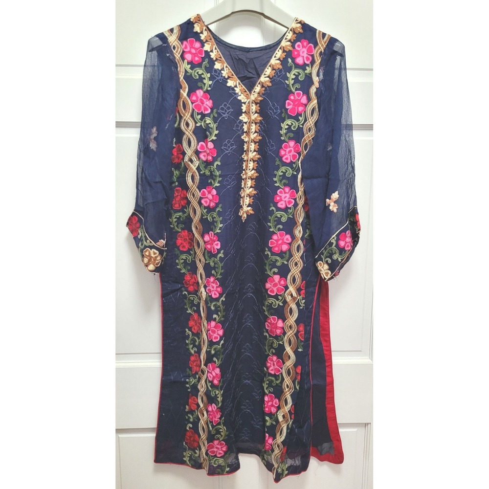 Pakistani India 3pc Embroidered Floral Silk Chiffon Kurta Suit - Blue 44" Chest